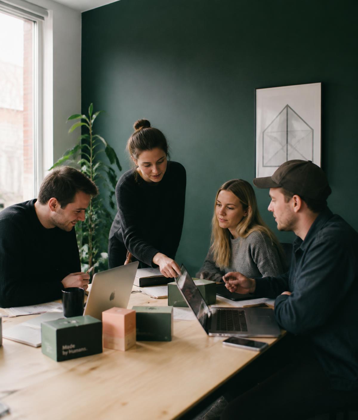 The Verunda team reviewing packaging and store analytics in the studio